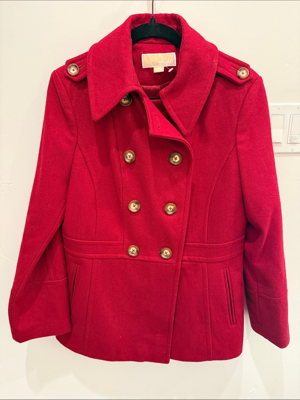 Michael Kors Red Double-Breasted Peacoat with Gold Buttons